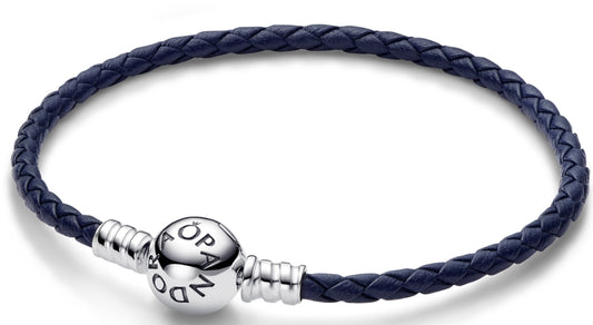 PANDORA MOMENTS COLLECTION Mod. ROUND CLASP BLUE BRAIDED LEATHER BRACELET-0